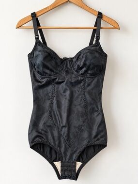 Vintage Sarong 36B Black Bodysuit Shapewear Longline Underwire Floral Jacquard